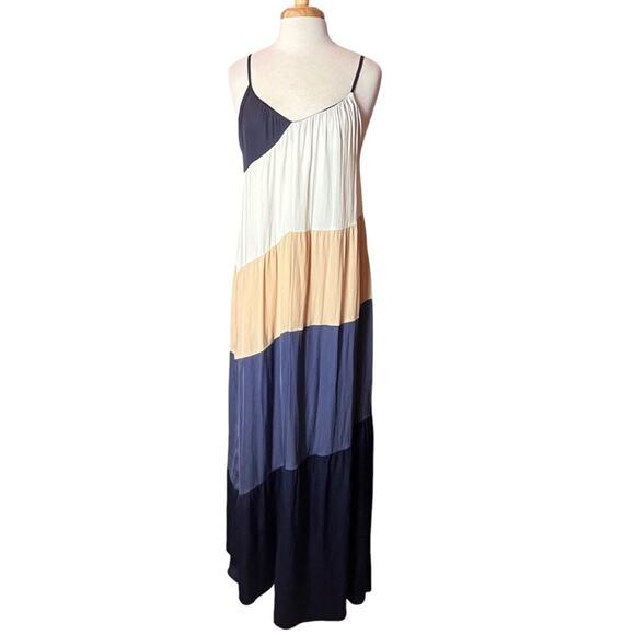 LUCCA Colorblock Maxi Dress Womens Medium Blue Tan Ivory A-line Slip Relaxed - Picture 1 of 12
